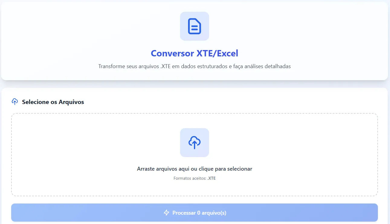 Tela do conversor do VisãoTISS: uma área tracejada para arrastar os arquivos .XTE e o botão de processar
